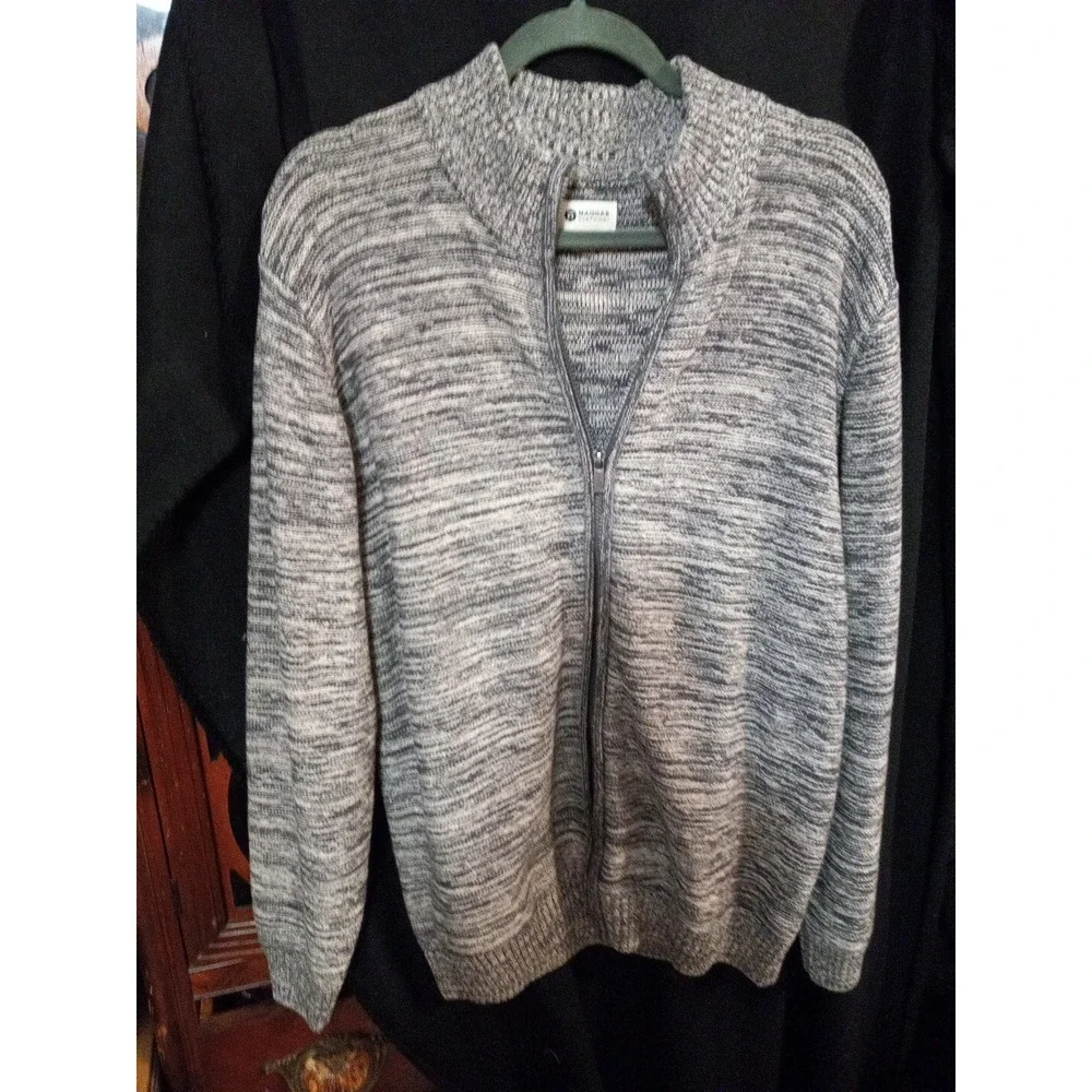 Haagar mens XL cotton knit full zip pocket sweater Black Gray Blue Lite Wear